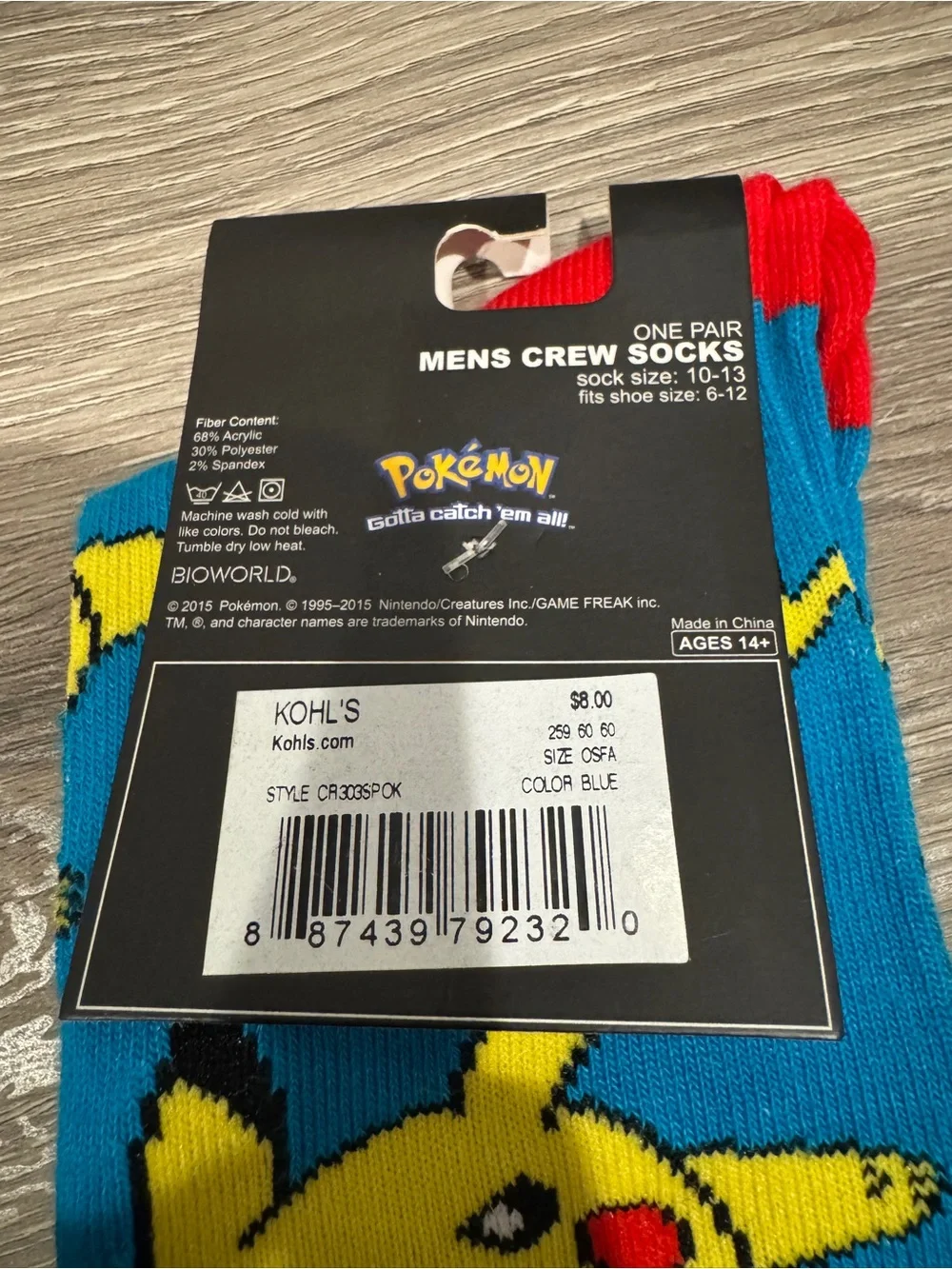 Pokemon Bioworld Pikachu Crew Socks Size 10-13 New With Tags - Blue & Red
